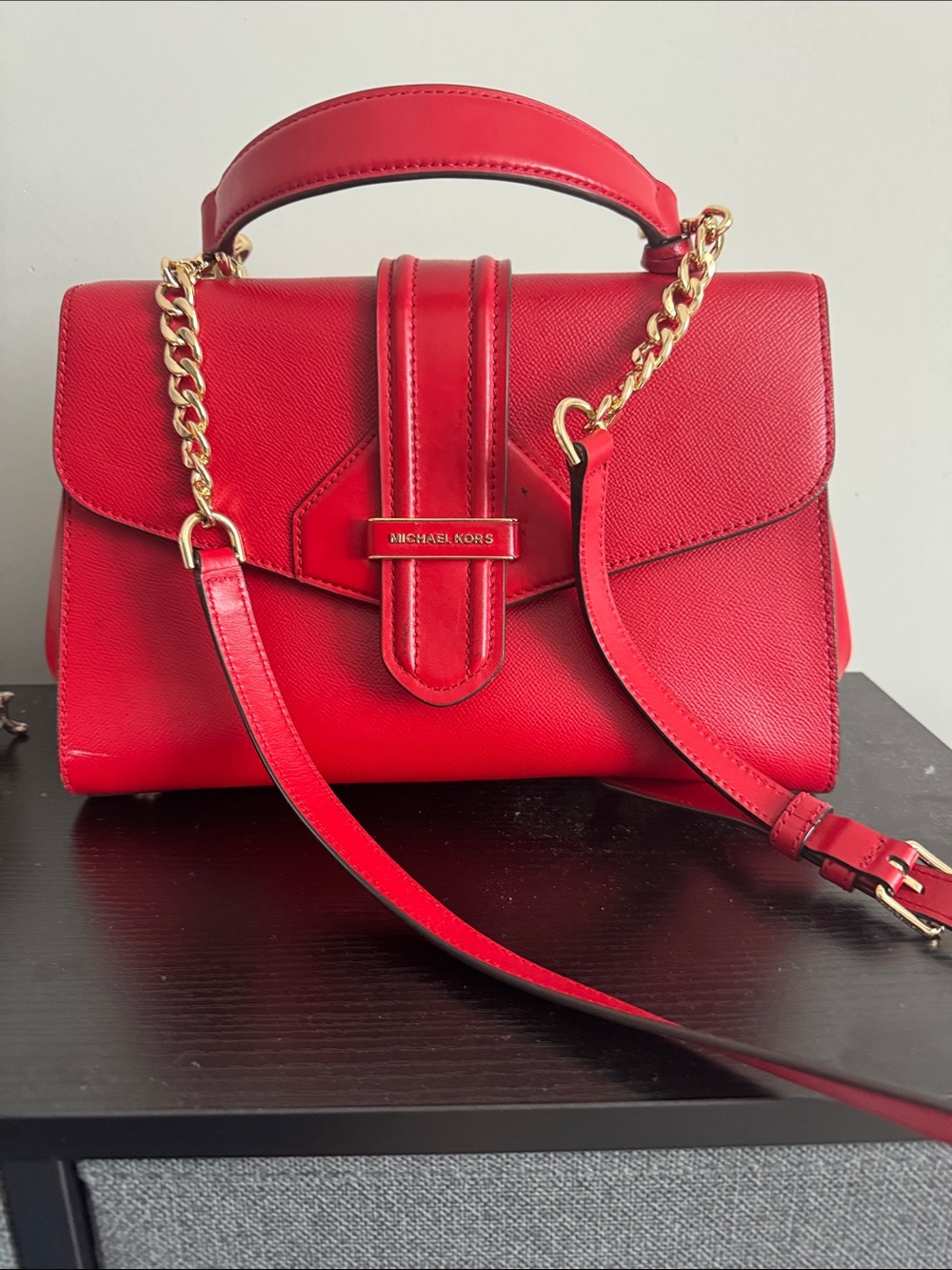 Michael Kors Red Leather Chain-Accent Satchel